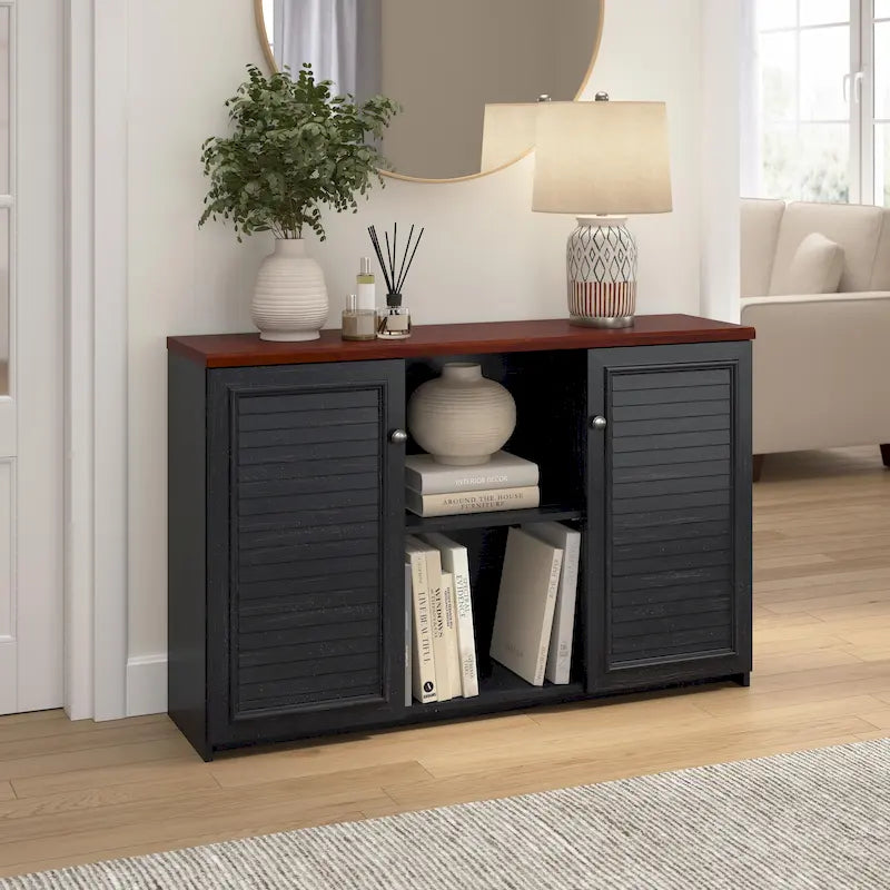 Buffet de rangement style maison de campagne, blanc antique/noir, avec portes persiennes et étagères – 1 personne