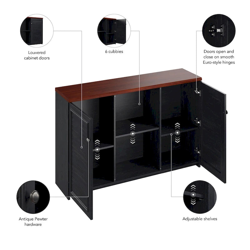 Buffet de rangement style maison de campagne, blanc antique/noir, avec portes persiennes et étagères – 1 personne