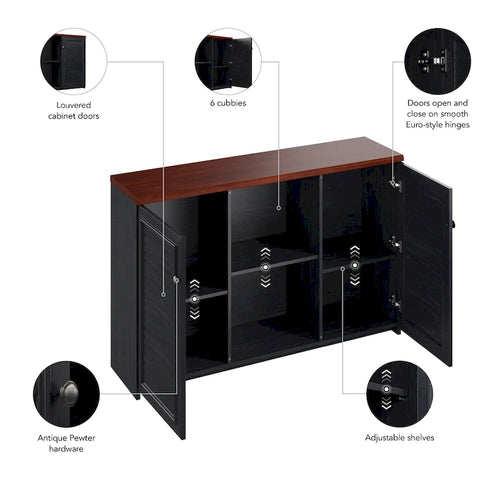Buffet de rangement style maison de campagne, blanc antique/noir, avec portes persiennes et étagères – 1 personne