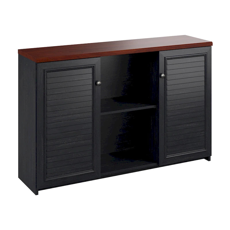 Buffet de rangement style maison de campagne, blanc antique/noir, avec portes persiennes et étagères – 1 personne