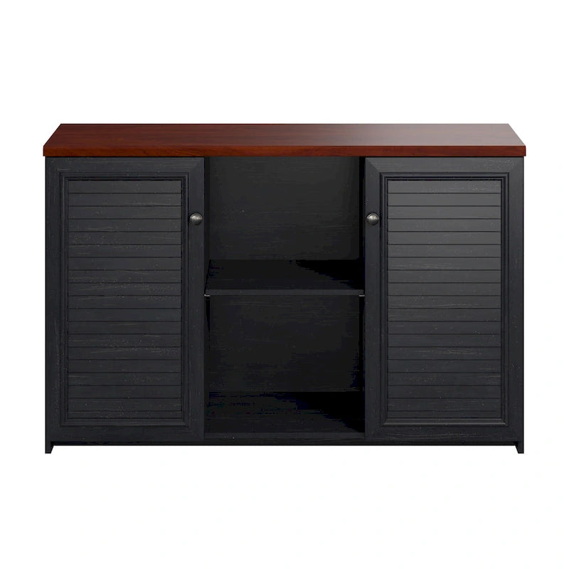 Buffet de rangement style maison de campagne, blanc antique/noir, avec portes persiennes et étagères – 1 personne