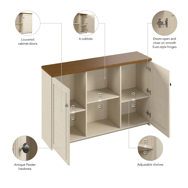 Buffet de rangement style maison de campagne, blanc antique/noir, avec portes persiennes et étagères – 1 personne