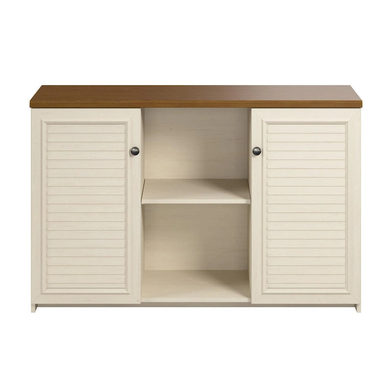 Buffet de rangement style maison de campagne, blanc antique/noir, avec portes persiennes et étagères – 1 personne