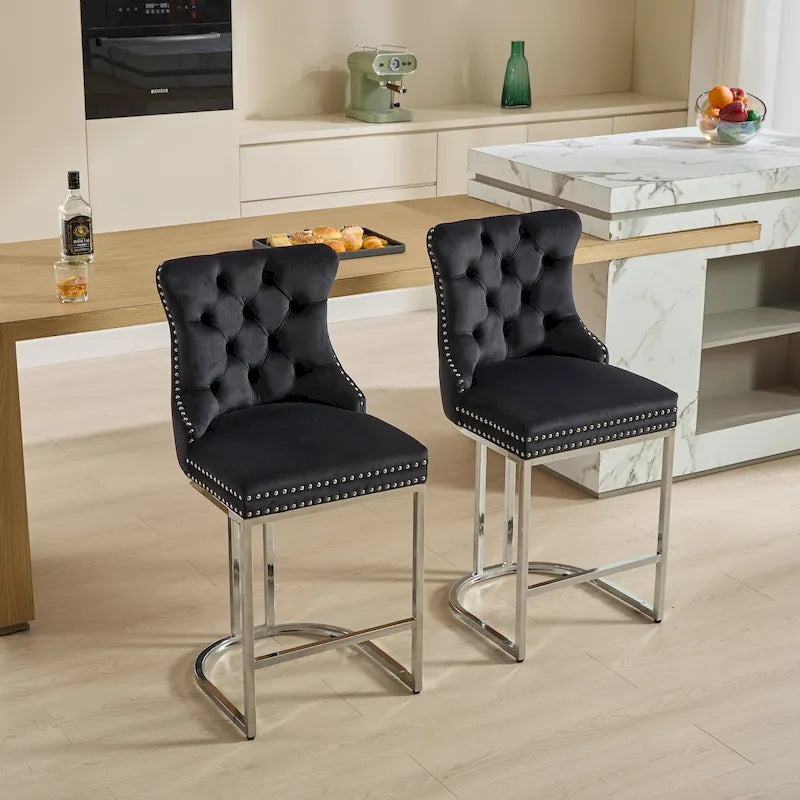 Tabouret de bar haut à dossier en velours, capitonné, piètement chromé, lot de 2