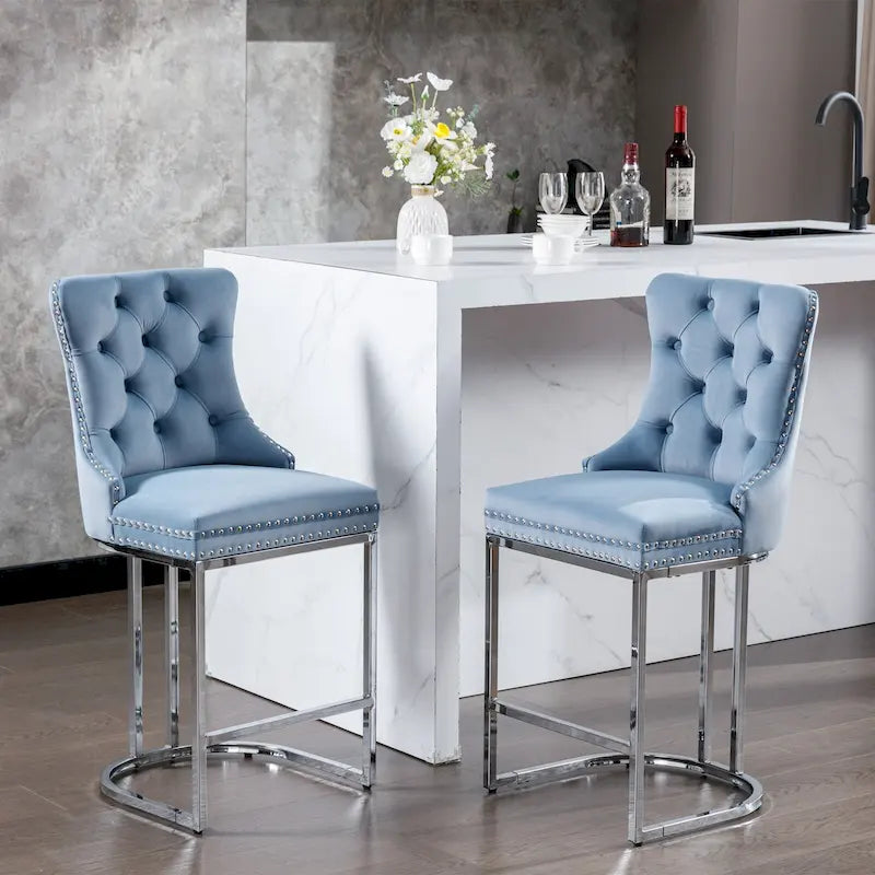 Tabouret de bar haut à dossier en velours, capitonné, piètement chromé, lot de 2