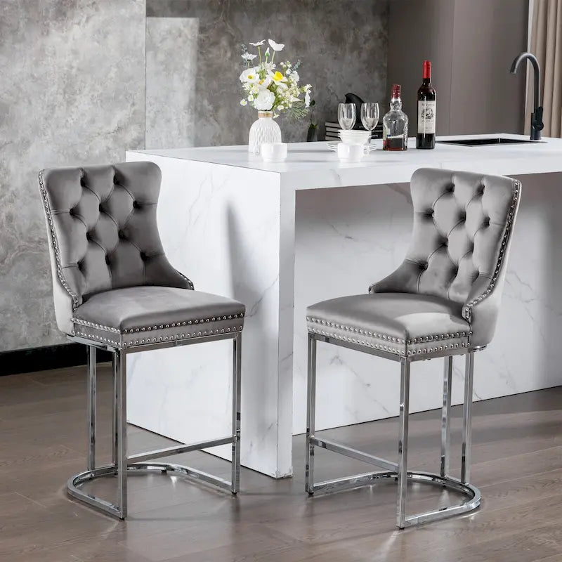 Tabouret de bar haut à dossier en velours, capitonné, piètement chromé, lot de 2