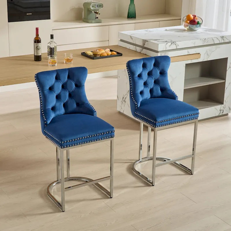 Tabouret de bar haut à dossier en velours, capitonné, piètement chromé, lot de 2