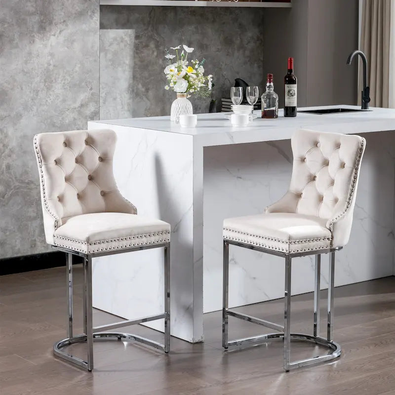 Tabouret de bar haut à dossier en velours, capitonné, piètement chromé, lot de 2