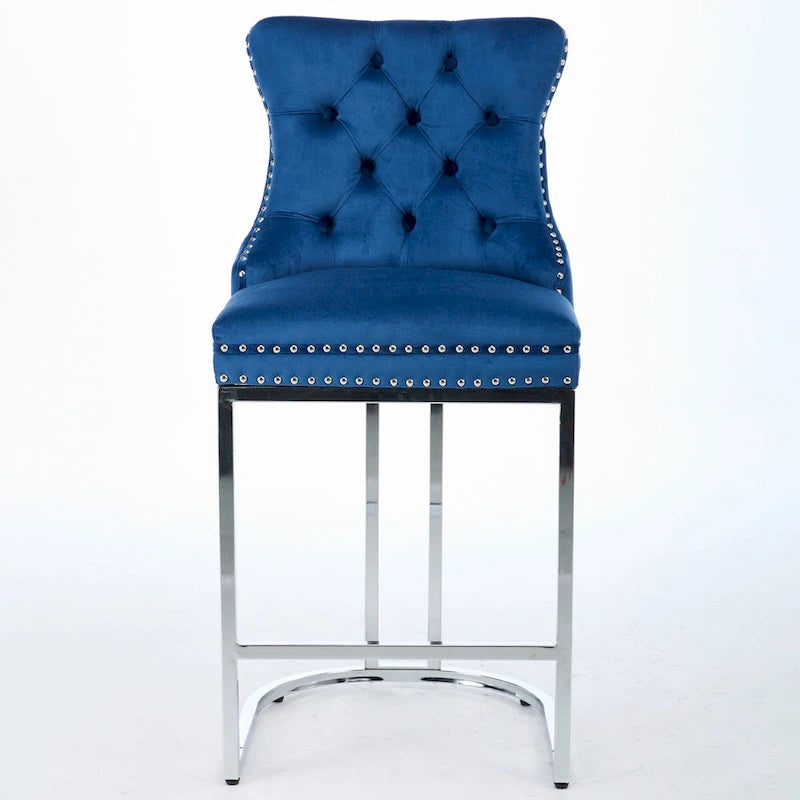 Tabouret de bar haut à dossier en velours, capitonné, piètement chromé, lot de 2