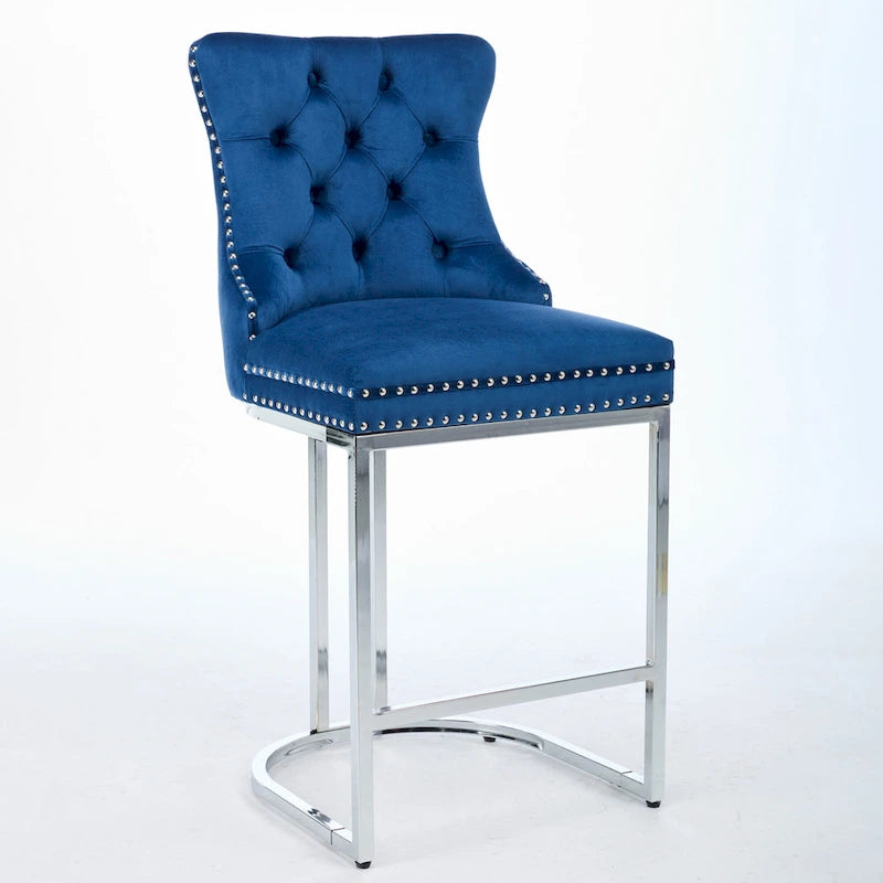 Tabouret de bar haut à dossier en velours, capitonné, piètement chromé, lot de 2
