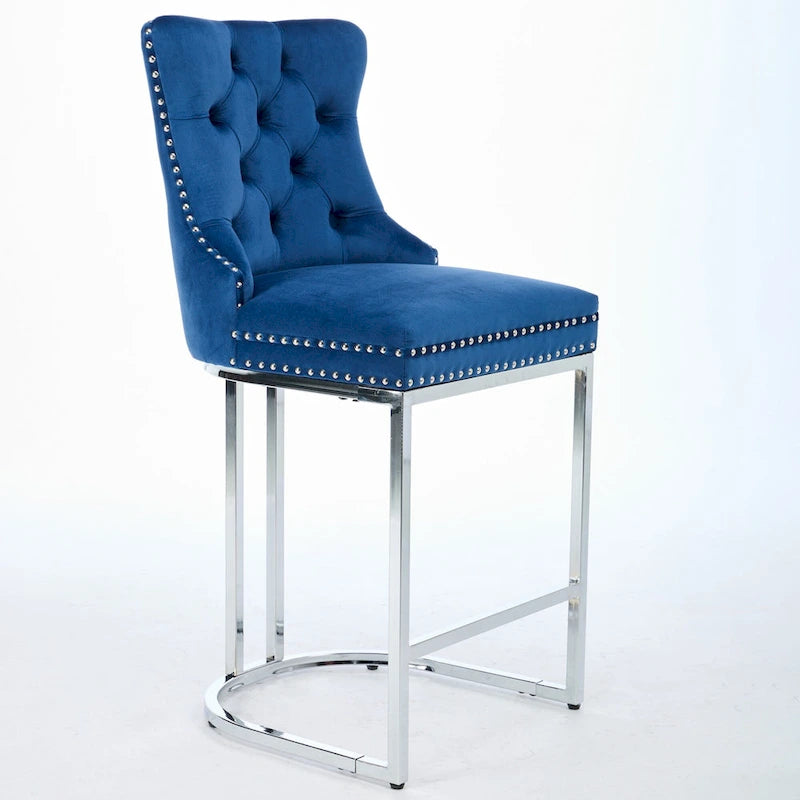 Tabouret de bar haut à dossier en velours, capitonné, piètement chromé, lot de 2