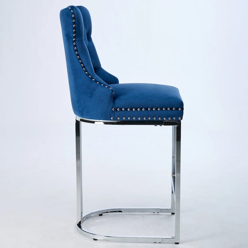 Tabouret de bar haut à dossier en velours, capitonné, piètement chromé, lot de 2