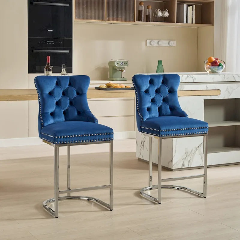 Tabouret de bar haut à dossier en velours, capitonné, piètement chromé, lot de 2