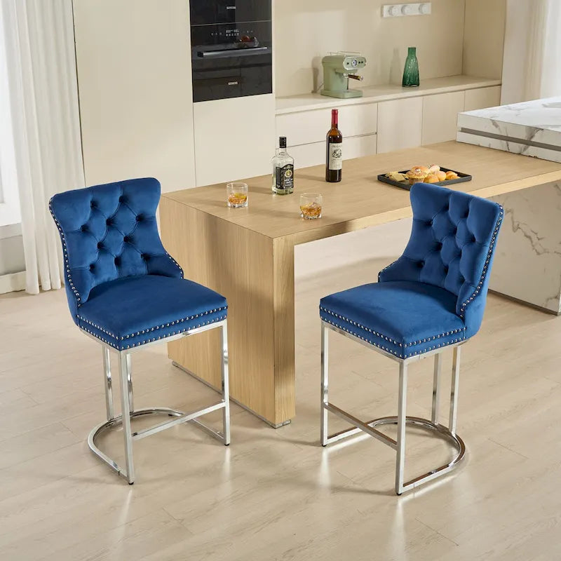 Tabouret de bar haut à dossier en velours, capitonné, piètement chromé, lot de 2