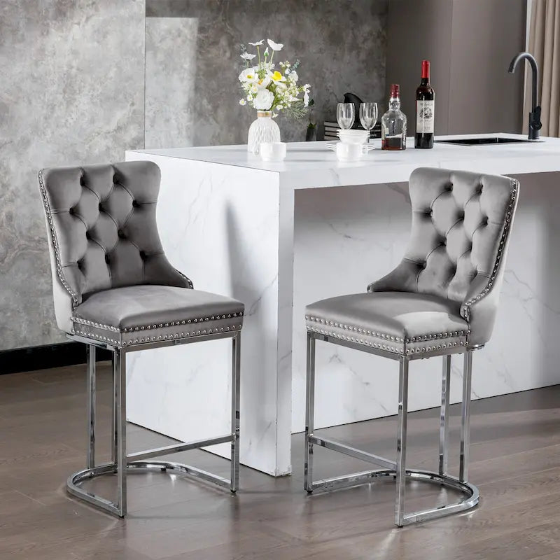 Tabouret de bar haut à dossier en velours, capitonné, piètement chromé, lot de 2