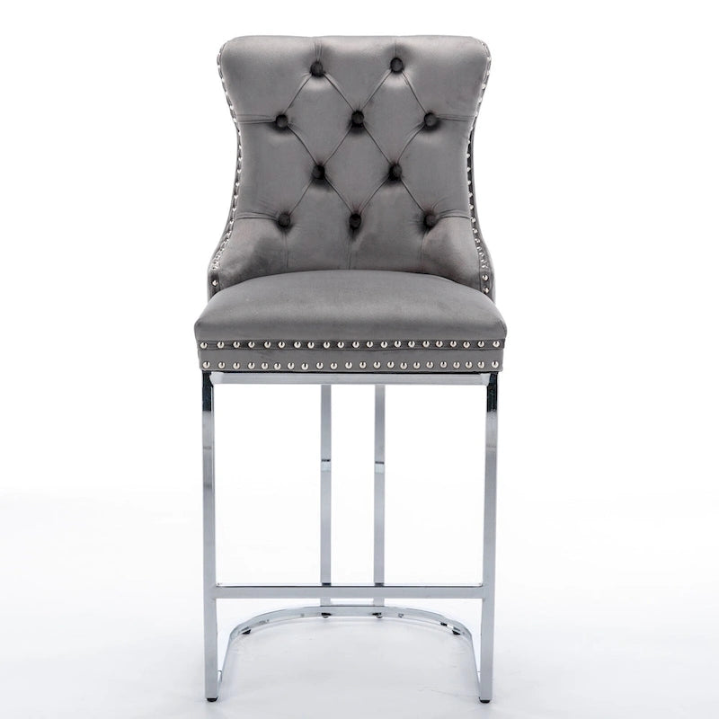 Tabouret de bar haut à dossier en velours, capitonné, piètement chromé, lot de 2