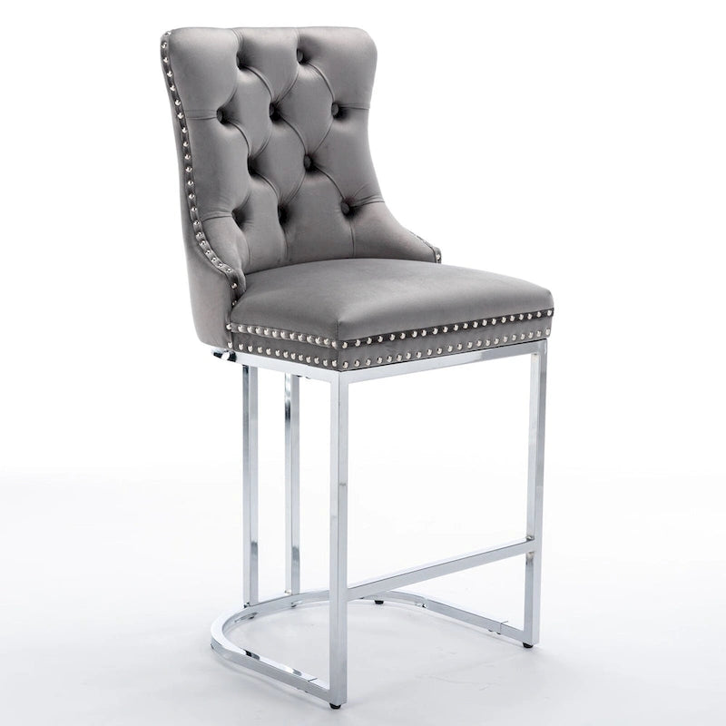 Tabouret de bar haut à dossier en velours, capitonné, piètement chromé, lot de 2