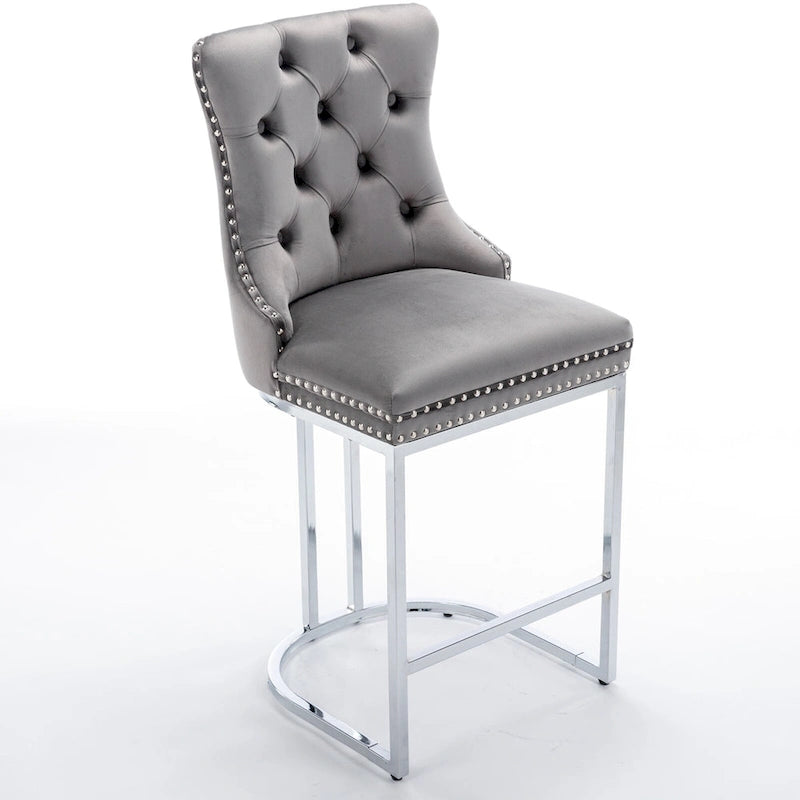 Tabouret de bar haut à dossier en velours, capitonné, piètement chromé, lot de 2