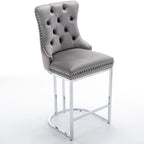 Tabouret de bar haut à dossier en velours, capitonné, piètement chromé, lot de 2