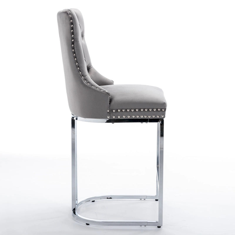 Tabouret de bar haut à dossier en velours, capitonné, piètement chromé, lot de 2