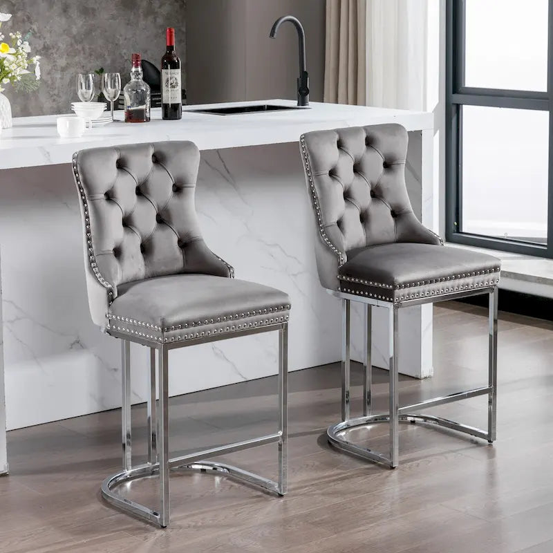Tabouret de bar haut à dossier en velours, capitonné, piètement chromé, lot de 2