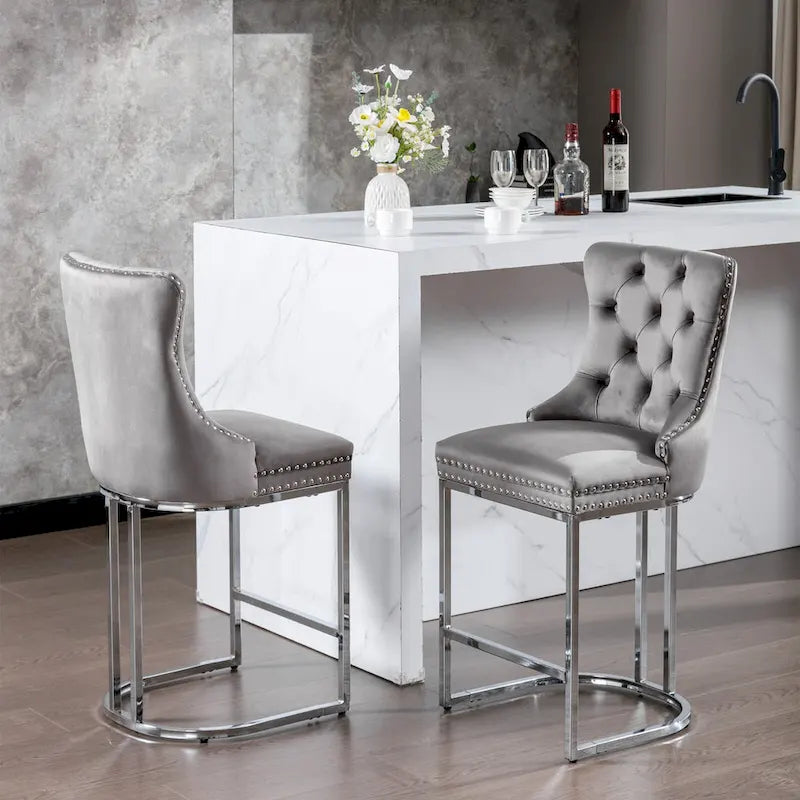 Tabouret de bar haut à dossier en velours, capitonné, piètement chromé, lot de 2
