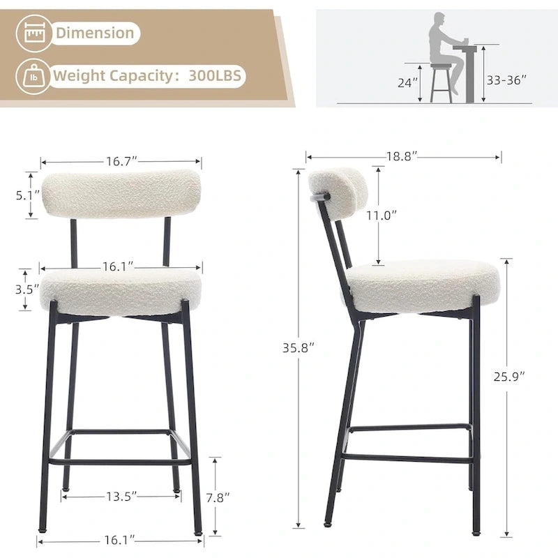 Tabouret de bar rembourré en bouclette beige/marron/noir, lot de 2