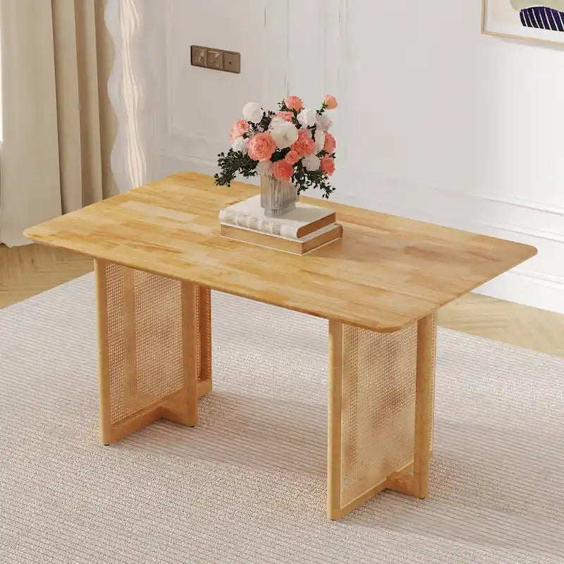 Table à manger de 150 cm en noyer, pieds en rotin rétro, 4 à 6 places