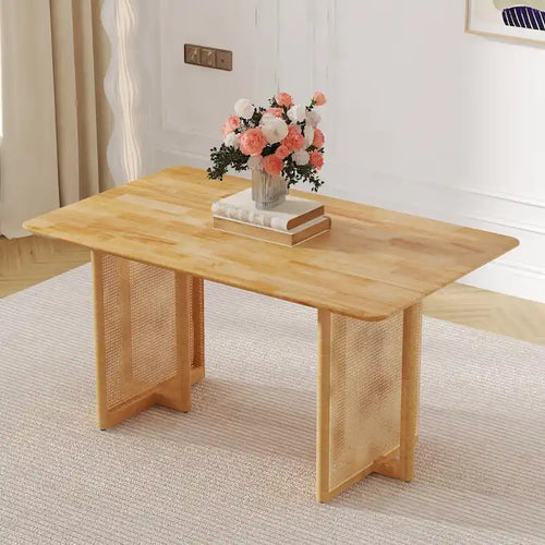 Table à manger de 150 cm en noyer, pieds en rotin rétro, 4 à 6 places
