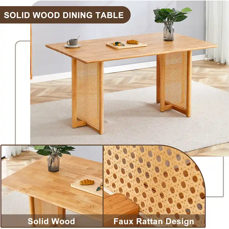 Table à manger de 150 cm en noyer, pieds en rotin rétro, 4 à 6 places