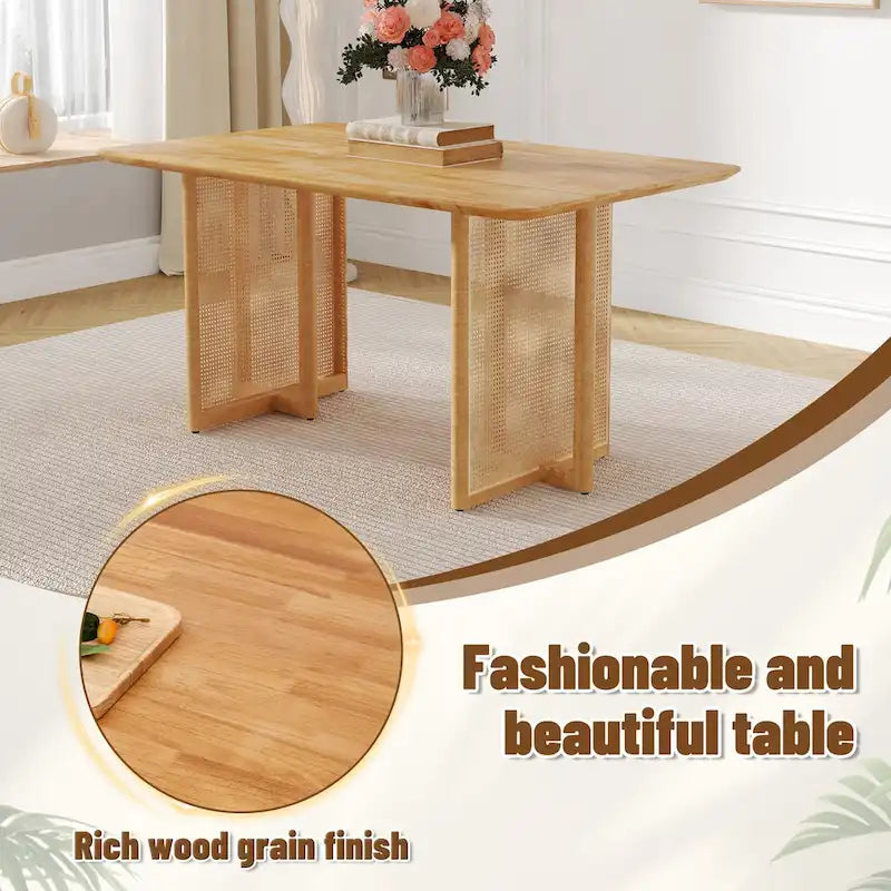 Table à manger de 150 cm en noyer, pieds en rotin rétro, 4 à 6 places