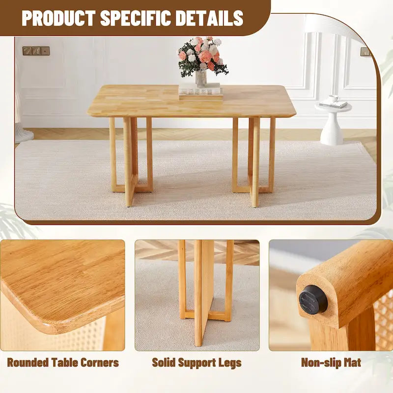 Table à manger de 150 cm en noyer, pieds en rotin rétro, 4 à 6 places