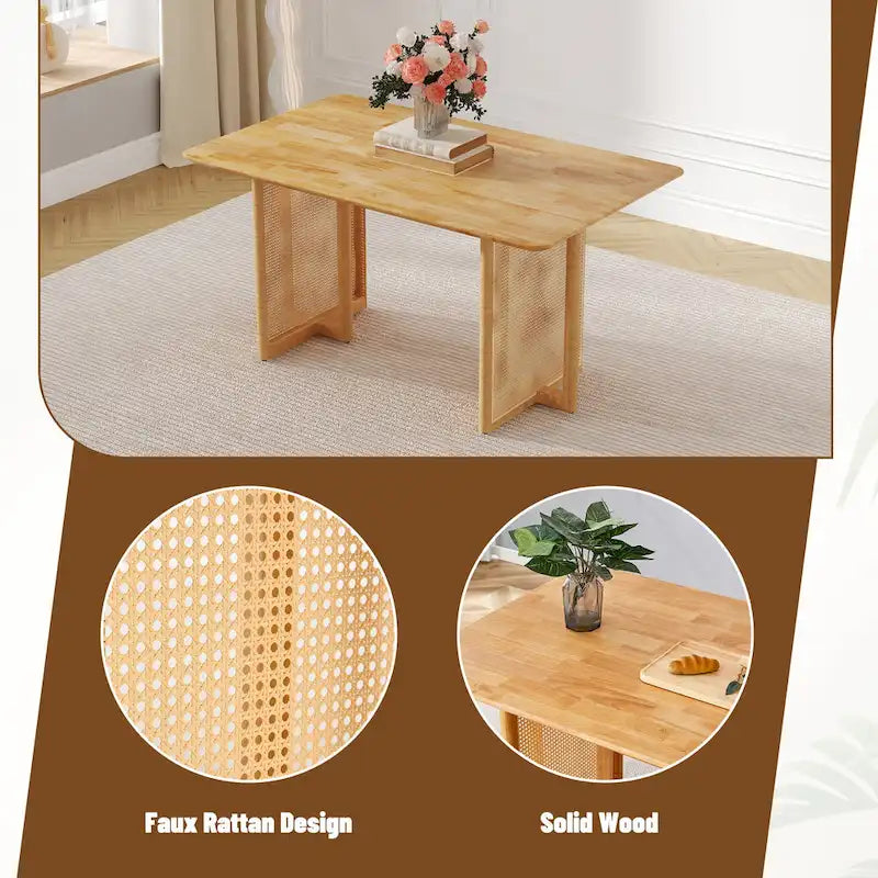 Table à manger de 150 cm en noyer, pieds en rotin rétro, 4 à 6 places