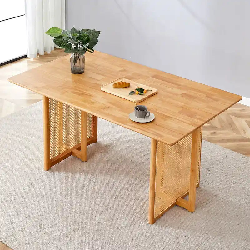 Table à manger de 150 cm en noyer, pieds en rotin rétro, 4 à 6 places