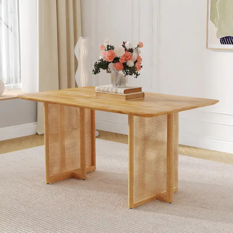 Table à manger de 150 cm en noyer, pieds en rotin rétro, 4 à 6 places