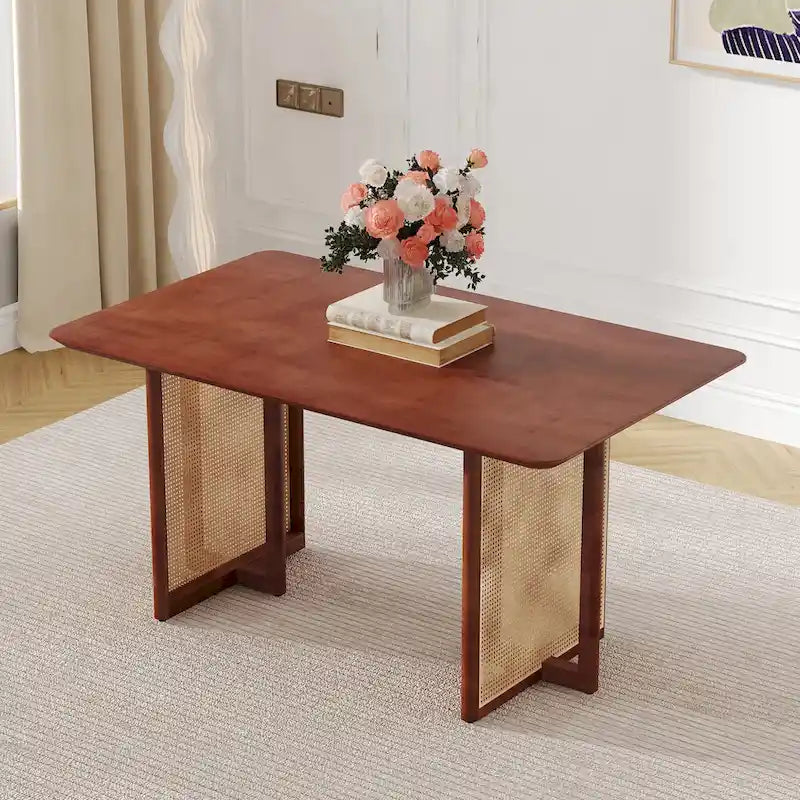 Table à manger de 150 cm en noyer, pieds en rotin rétro, 4 à 6 places