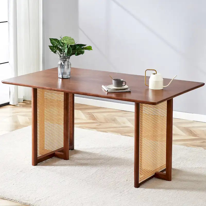 Table à manger de 150 cm en noyer, pieds en rotin rétro, 4 à 6 places