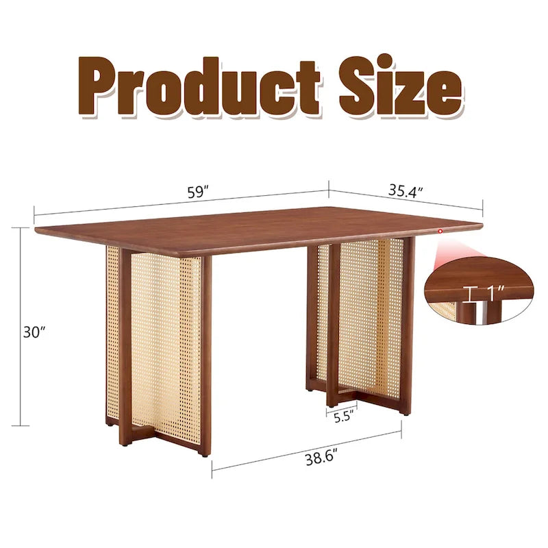 Table à manger de 150 cm en noyer, pieds en rotin rétro, 4 à 6 places
