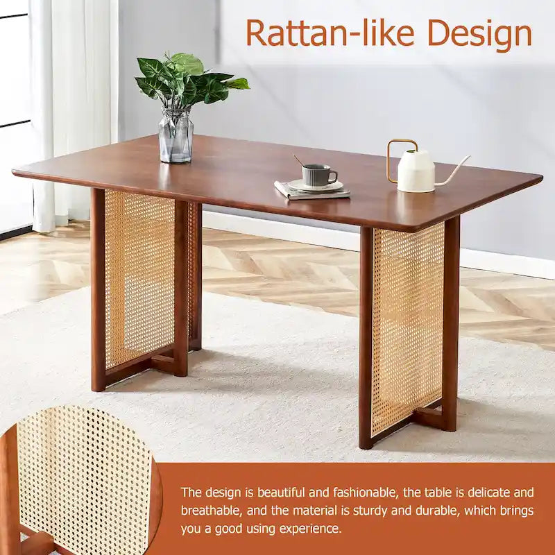 Table à manger de 150 cm en noyer, pieds en rotin rétro, 4 à 6 places