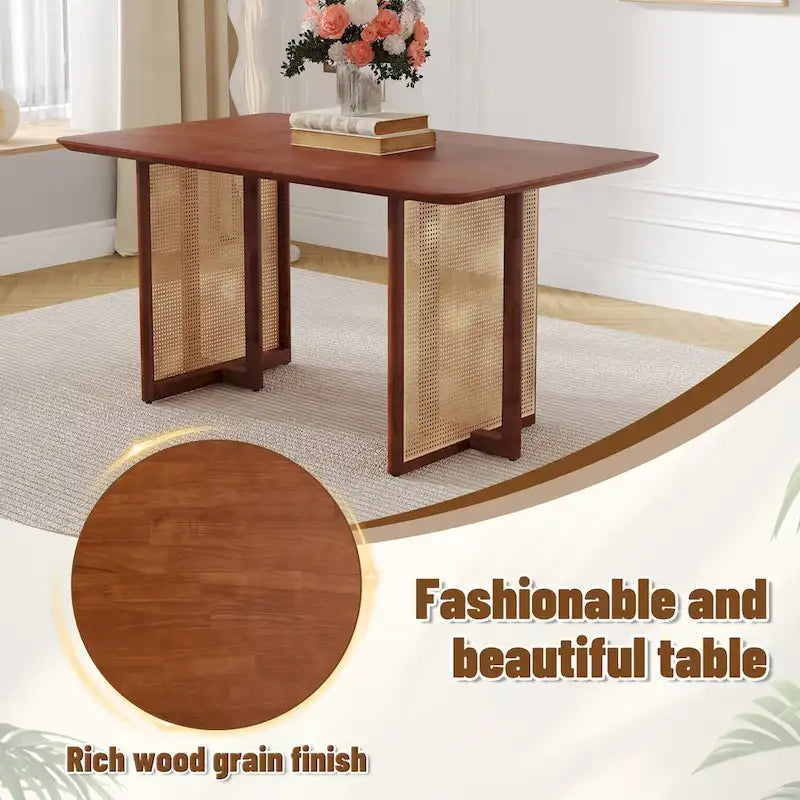 Table à manger de 150 cm en noyer, pieds en rotin rétro, 4 à 6 places