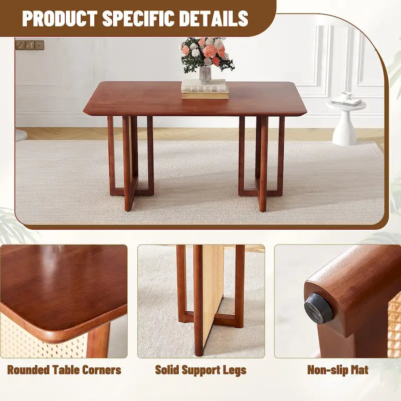 Table à manger de 150 cm en noyer, pieds en rotin rétro, 4 à 6 places