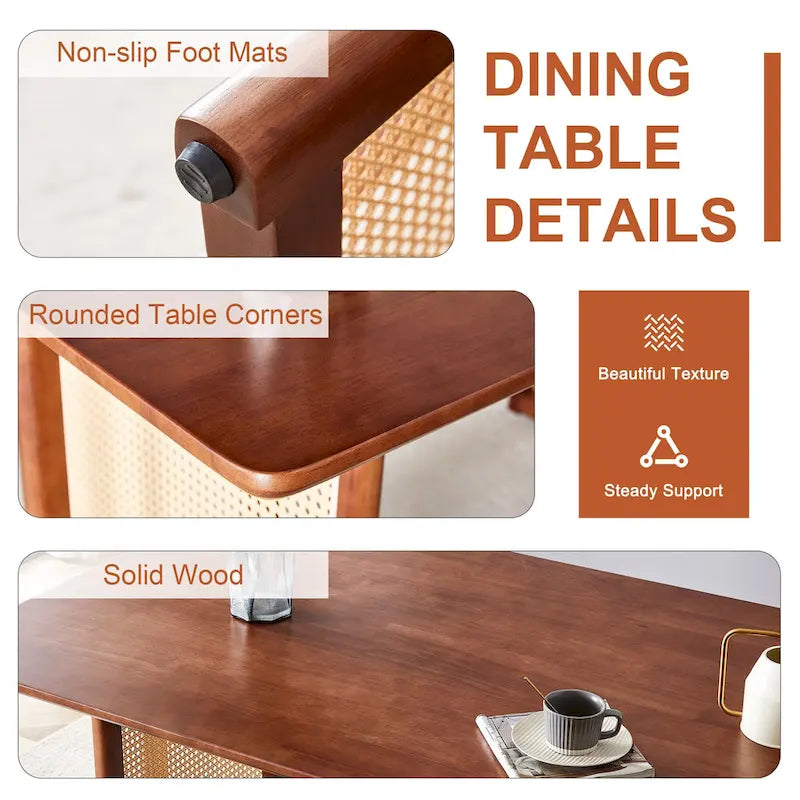 Table à manger de 150 cm en noyer, pieds en rotin rétro, 4 à 6 places