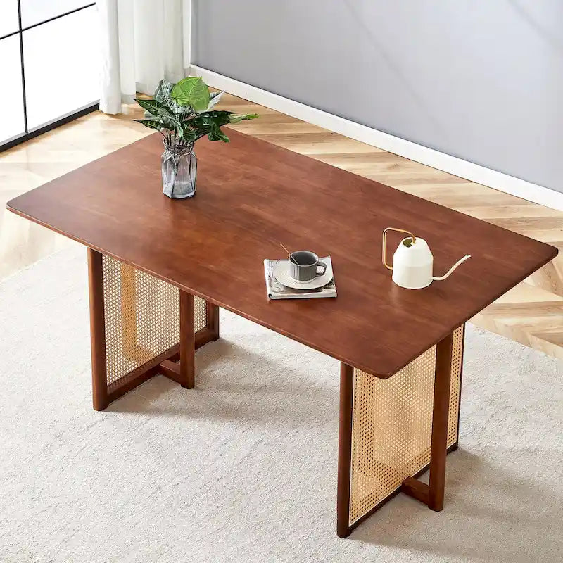 Table à manger de 150 cm en noyer, pieds en rotin rétro, 4 à 6 places