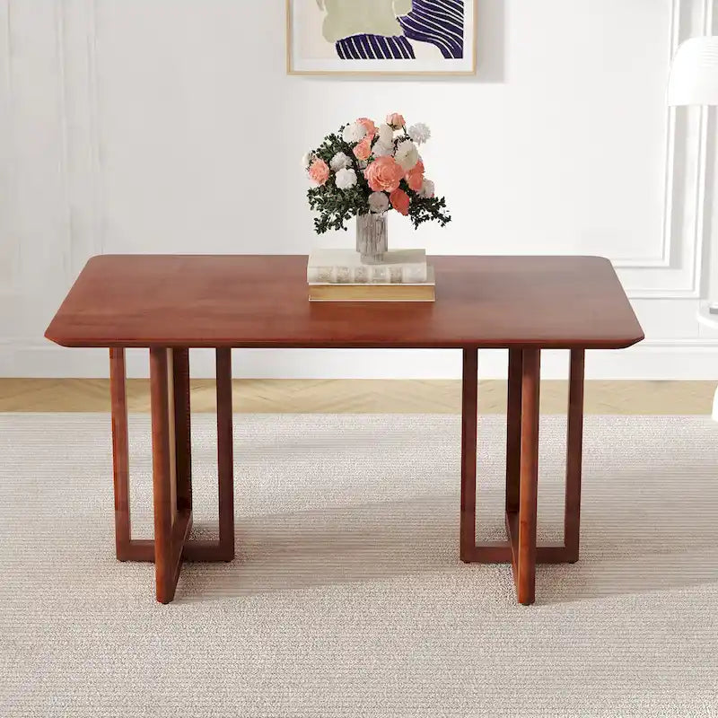 Table à manger de 150 cm en noyer, pieds en rotin rétro, 4 à 6 places