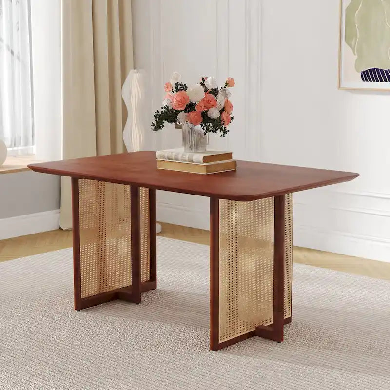 Table à manger de 150 cm en noyer, pieds en rotin rétro, 4 à 6 places