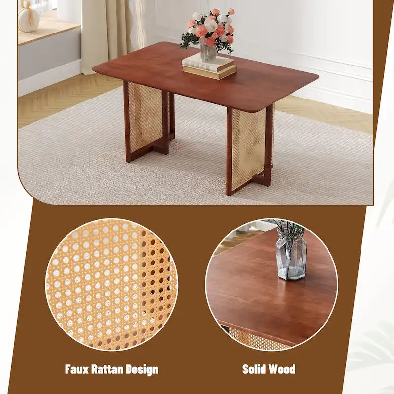 Table à manger de 150 cm en noyer, pieds en rotin rétro, 4 à 6 places