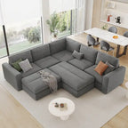 Canapé modulable en velours côtelé gris avec 2 poufs