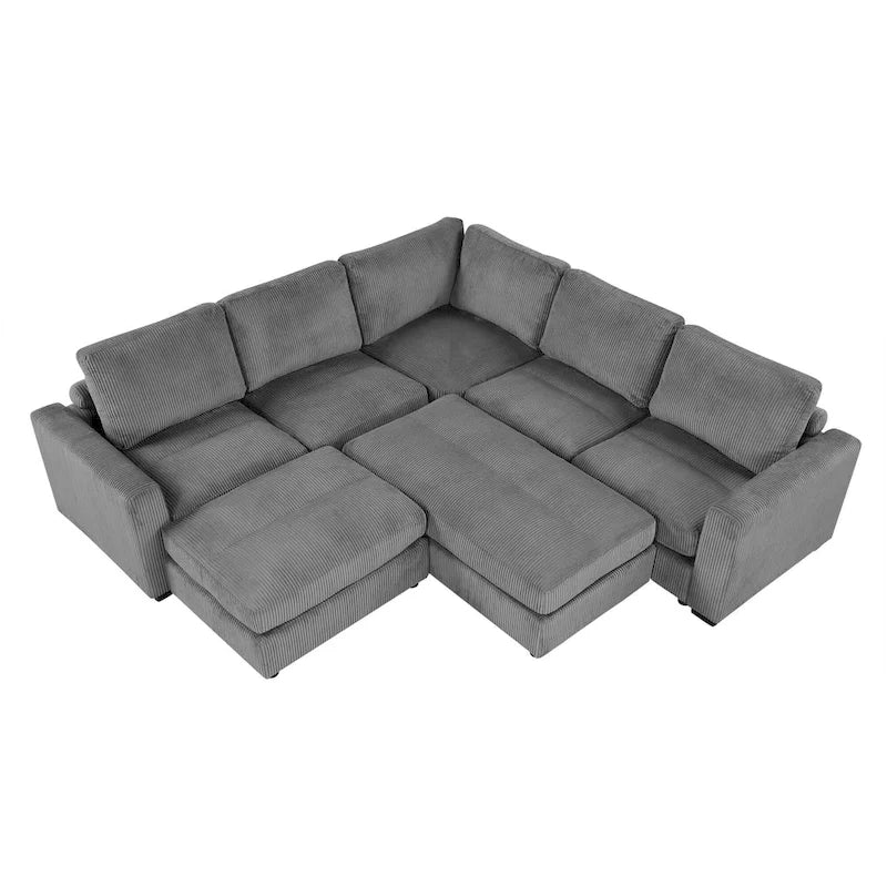 Canapé modulable en velours côtelé gris avec 2 poufs