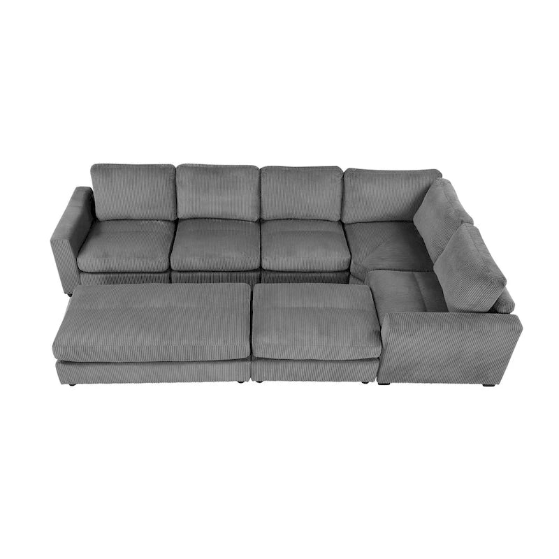 Canapé modulable en velours côtelé gris avec 2 poufs