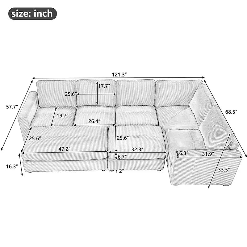 Canapé modulable en velours côtelé gris avec 2 poufs